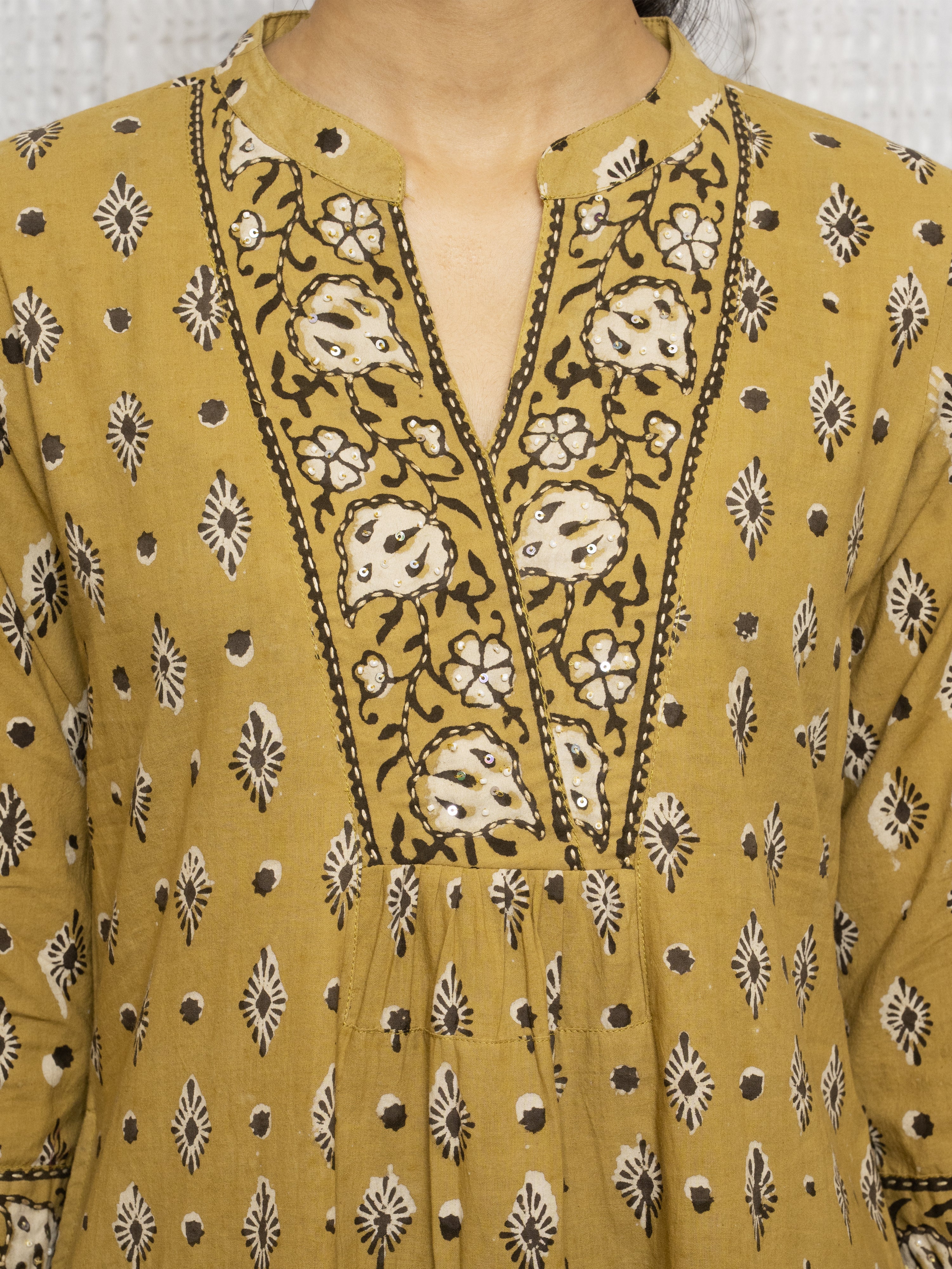 Mustard Colour Cotton Round With V-Neck Hand-Block Print, Kurta For Women's