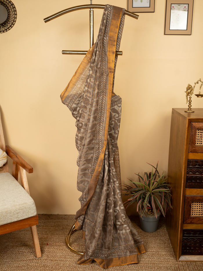 Beige Cotton Block Printed Saree