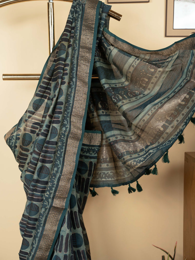 Teal Blue Chanderi Block Printed Saree
