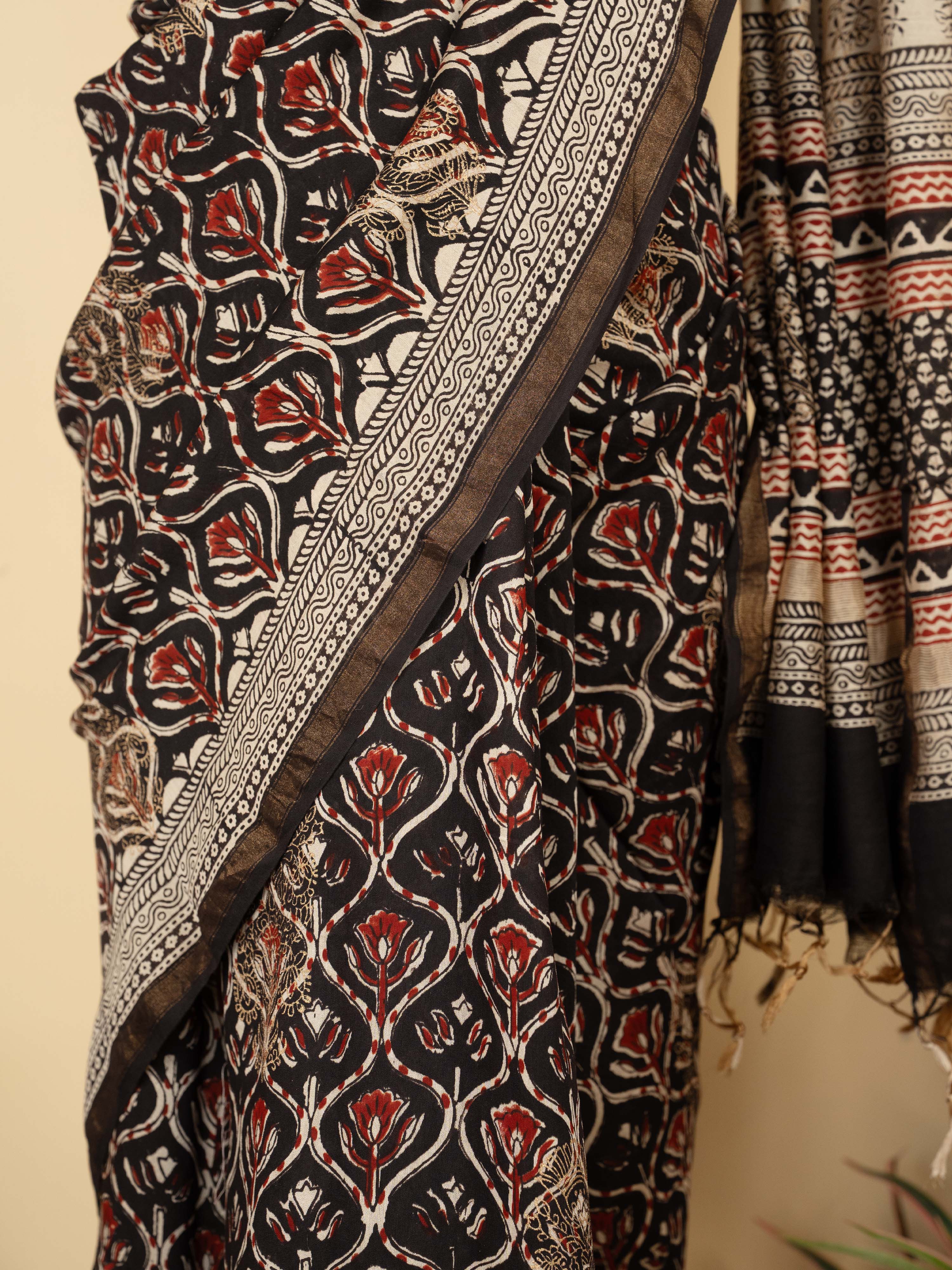Black Chanderi Block Printed Saree