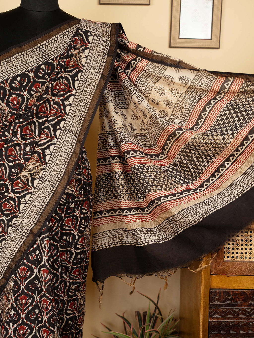 Black Chanderi Block Printed Saree