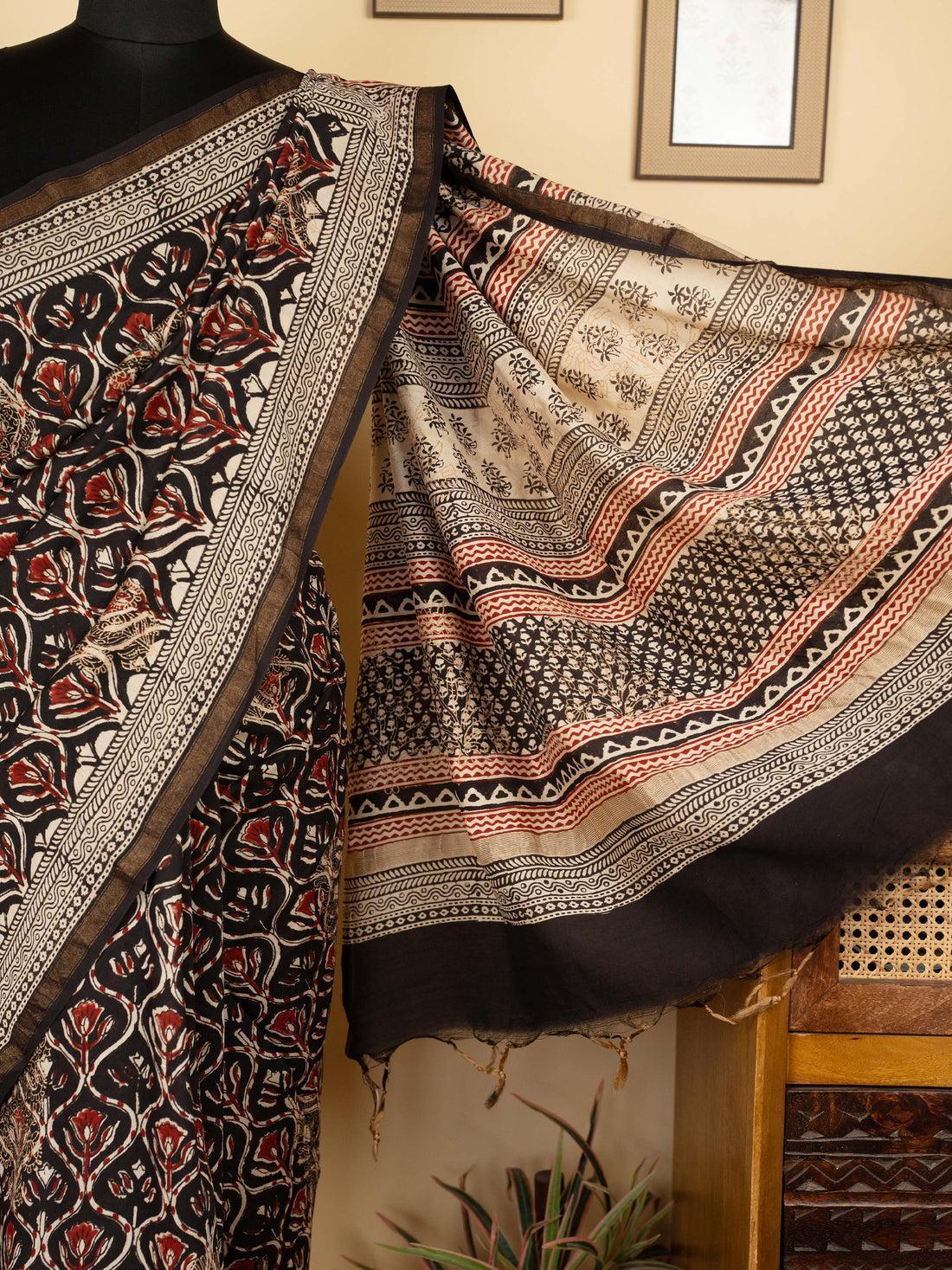 Black Chanderi Block Printed Saree