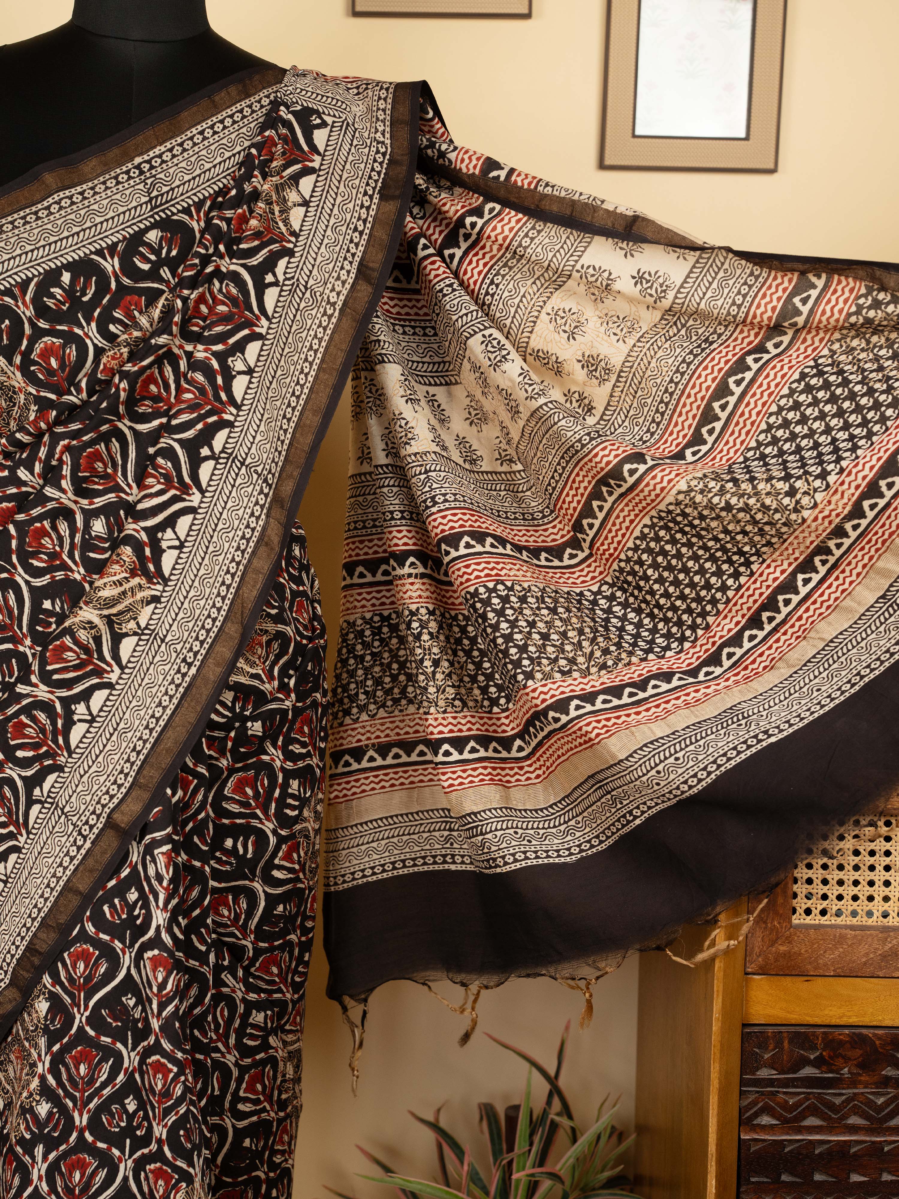Black Chanderi Block Printed Saree