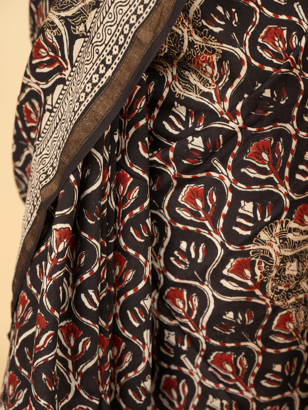 Black Chanderi Block Printed Saree