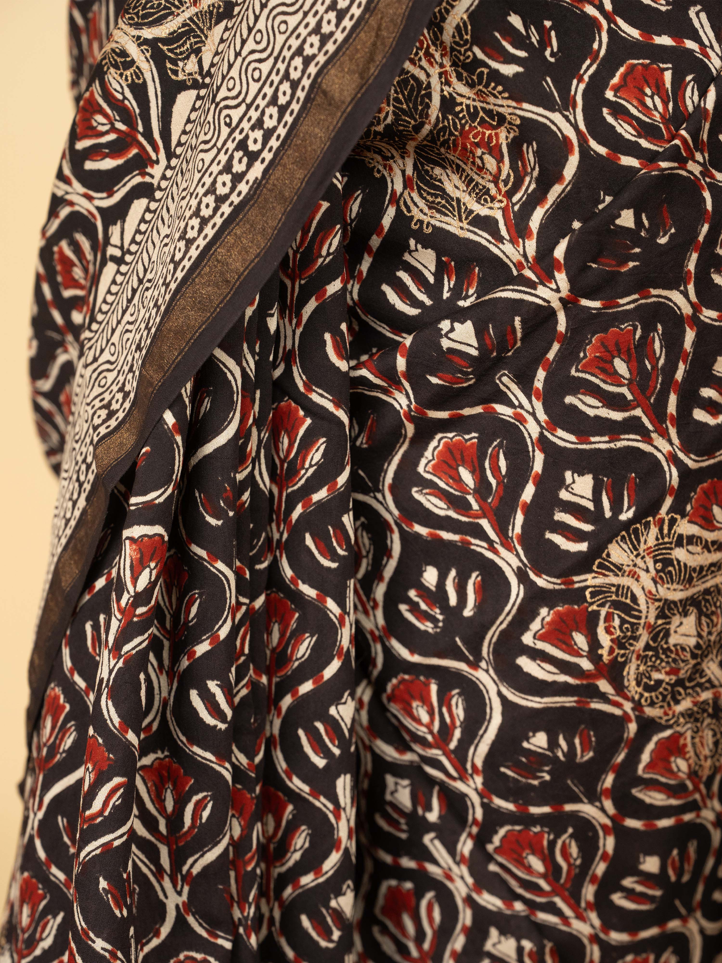 Black Chanderi Block Printed Saree