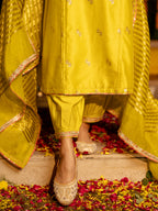 Golden Banarasi Chanderi Silk V-Neck Complete Suit Set For Women's