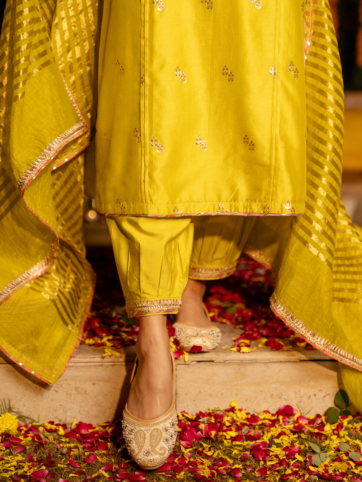 Golden Banarasi Chanderi Silk V-Neck Complete Suit Set For Women's