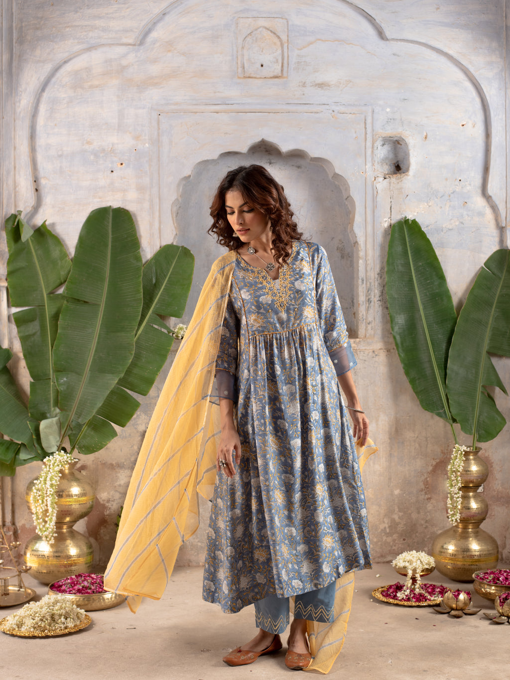 BLUE KURTA PALAZZO MODAL WITH ROUND NECK FULL SET