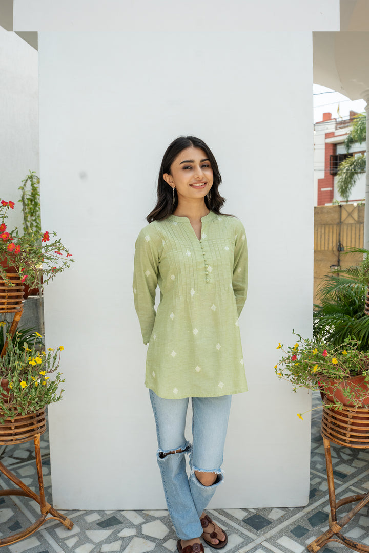 Pastel Green Hnadloom Cotton Short Kurti For Women's