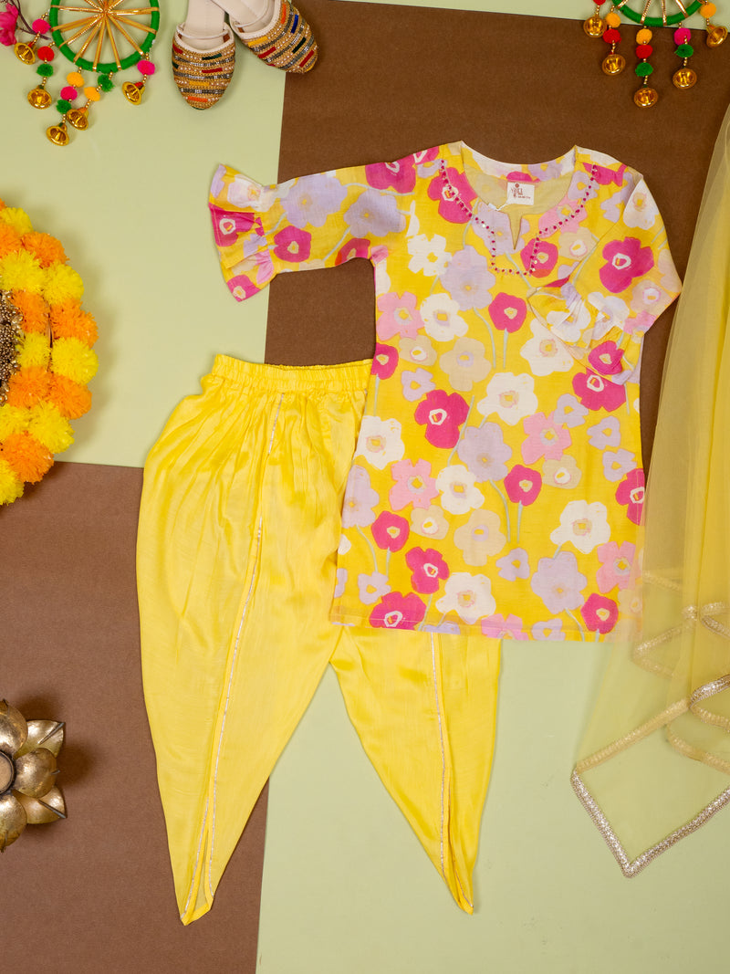 Yellow Cotton Floral Printed Kurta Dhoti Dupatta Set For Girls