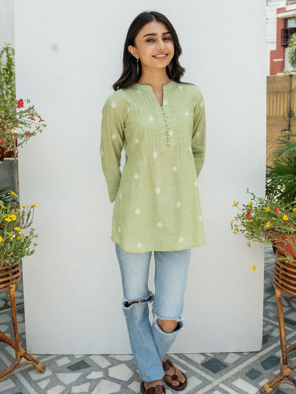 Pastel Green Hnadloom Cotton Short Kurti For Women's