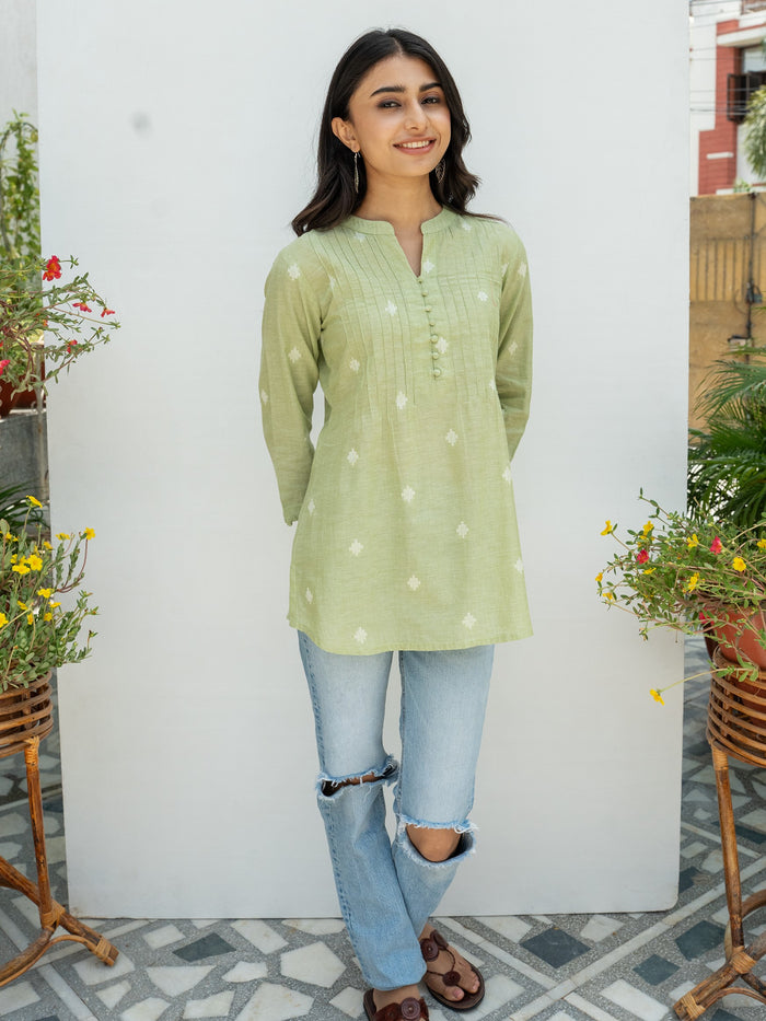 Pastel Green Hnadloom Cotton Short Kurti For Women's