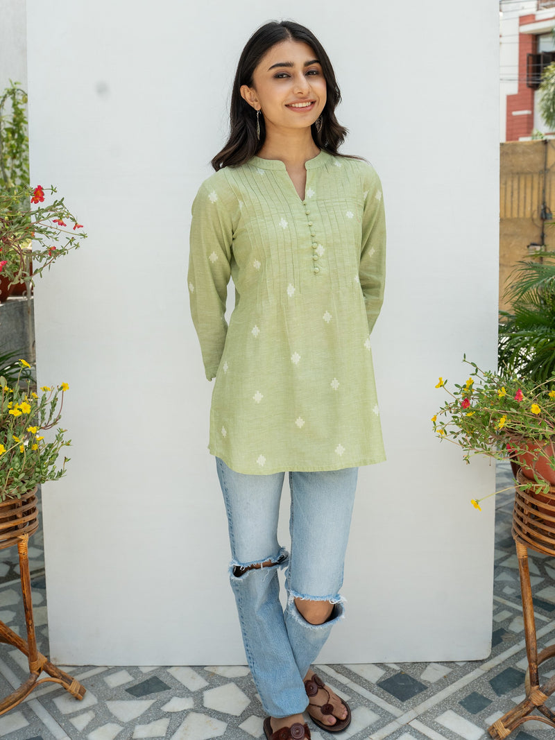 Pastel Green Hnadloom Cotton Short Kurti For Women's