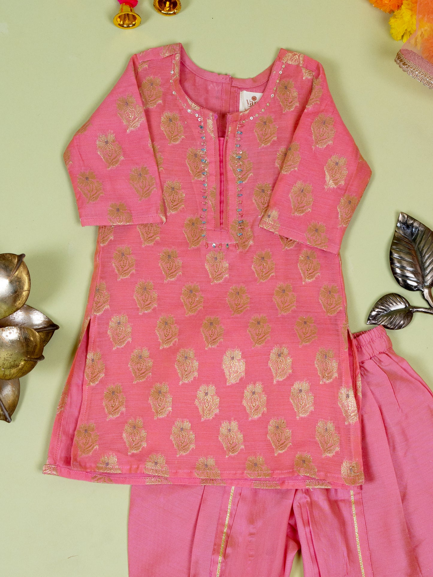Pink Banarasi Kurta Dhoti Dupatta Set For Girls