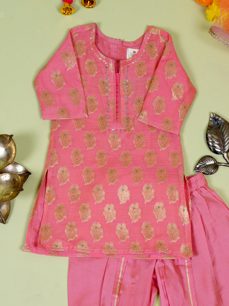 Pink Banarasi Kurta Dhoti Dupatta Set For Girls