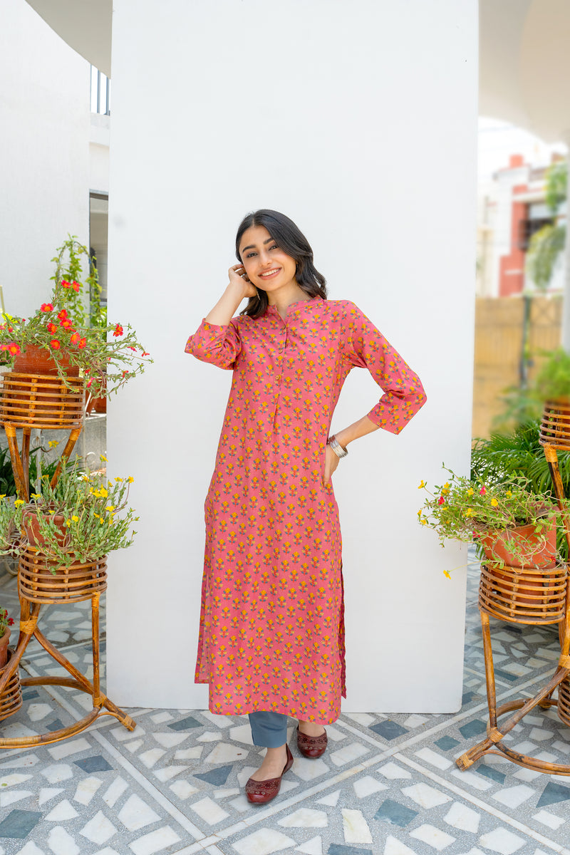 Pink Cotton Printed Kurta For Women's