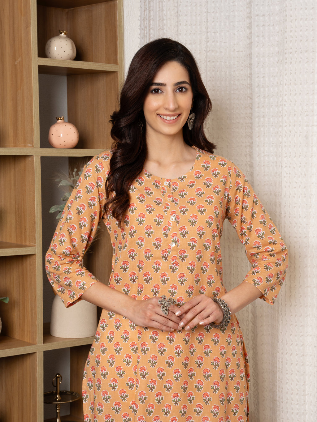 Light Orange Cotton Round Neck Booti Print Kurta For Women's