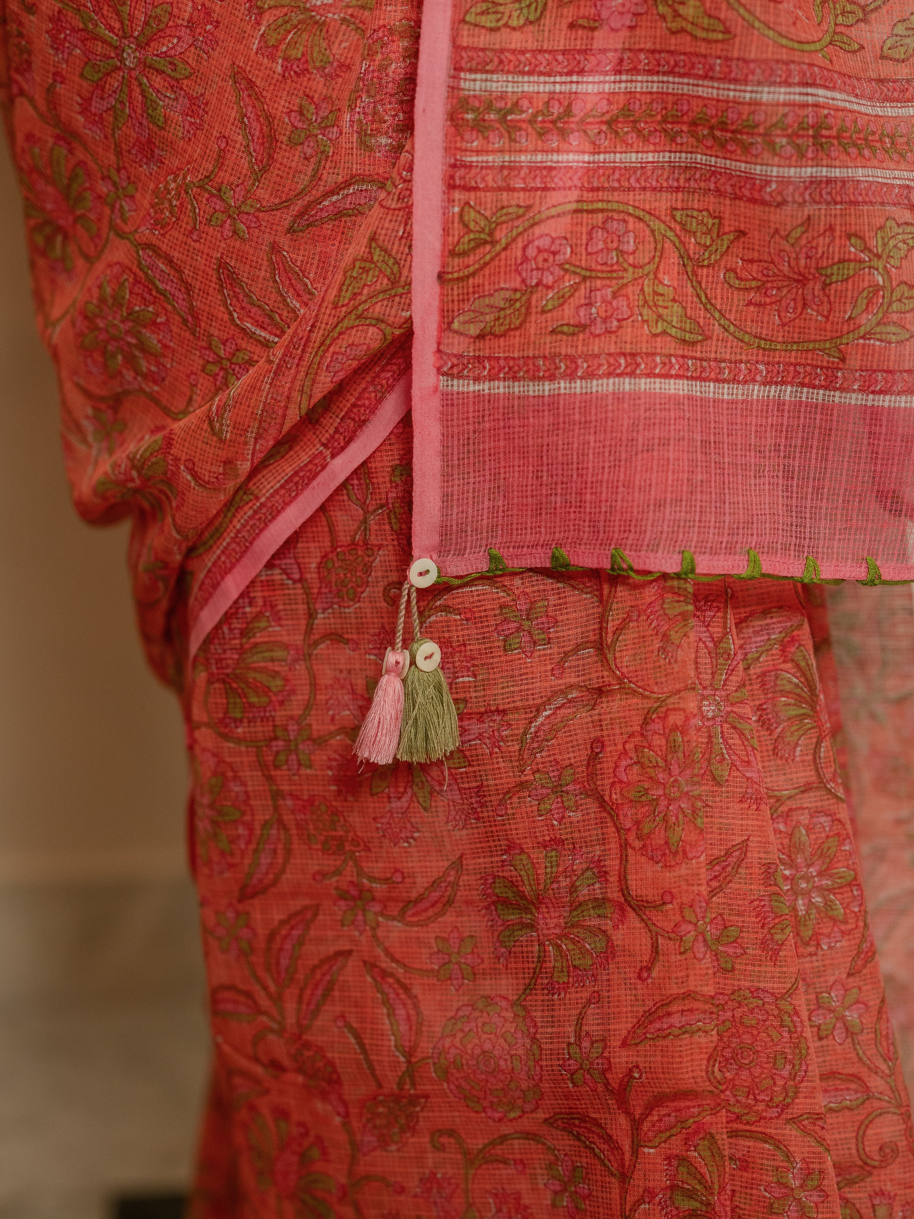 Coral Pink Kota Doria Saree