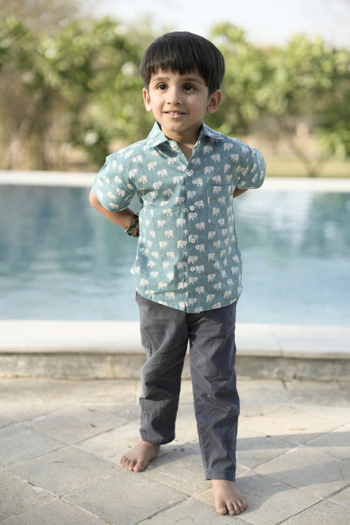 Light Blue Cotton Printed Shirt For Boys