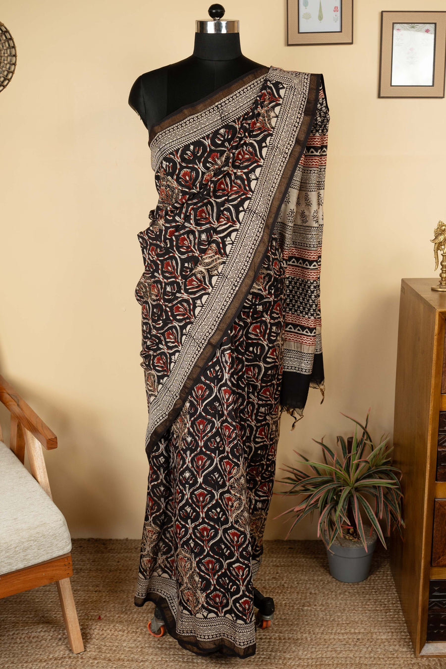 Black Chanderi Block Printed Saree