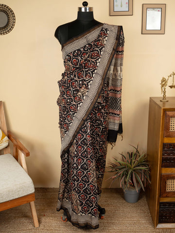 Black Chanderi Block Printed Saree