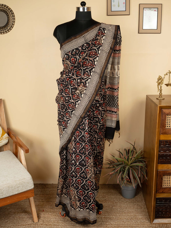 Black Chanderi Block Printed Saree
