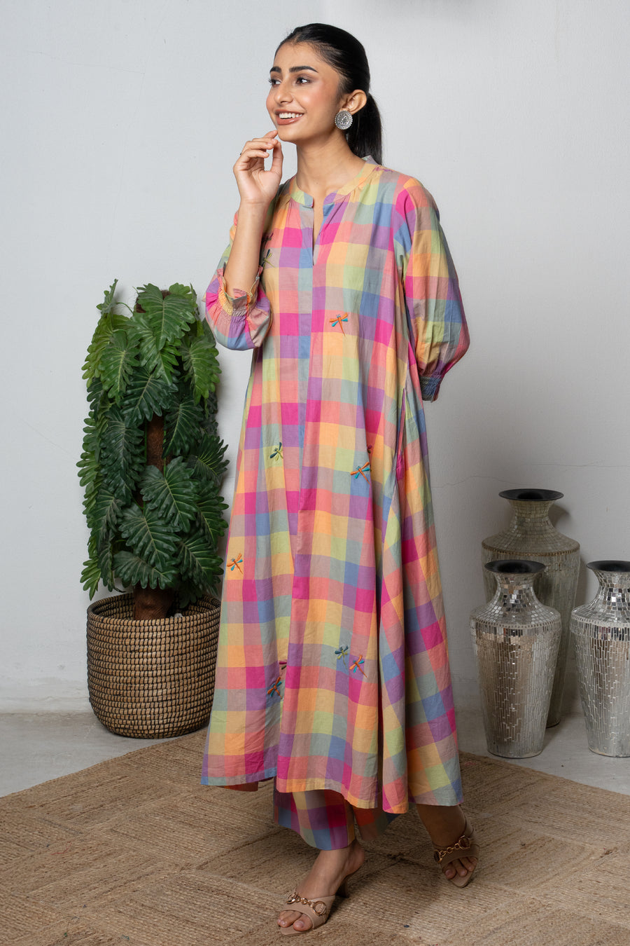 Multicolor Premium Cotton Round With Collar Embroidery Kurta Pant For Women's