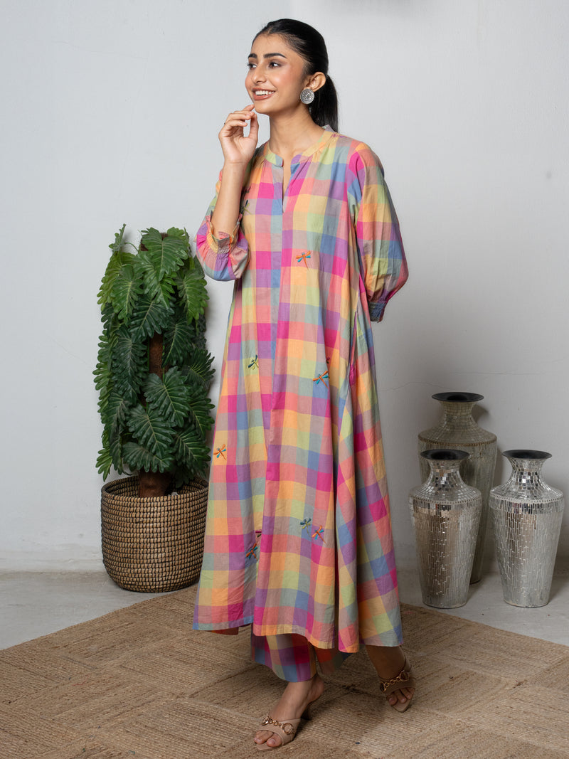 Multicolor Premium Cotton Round With Collar Embroidery Kurta Pant For Women's