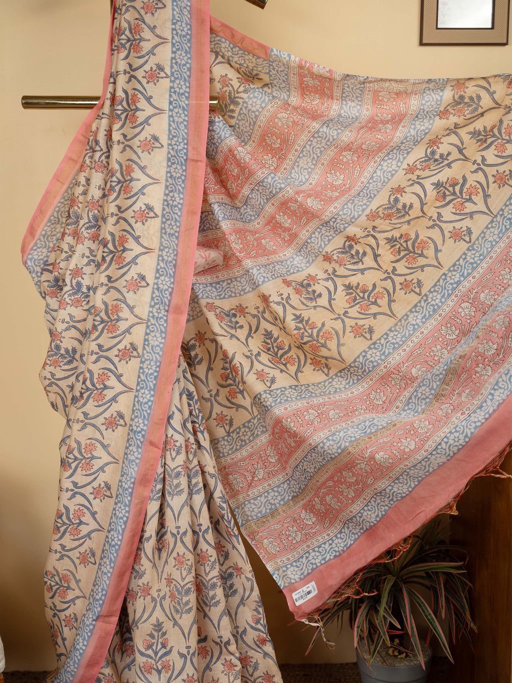 Beige Chanderi Block Printed Saree