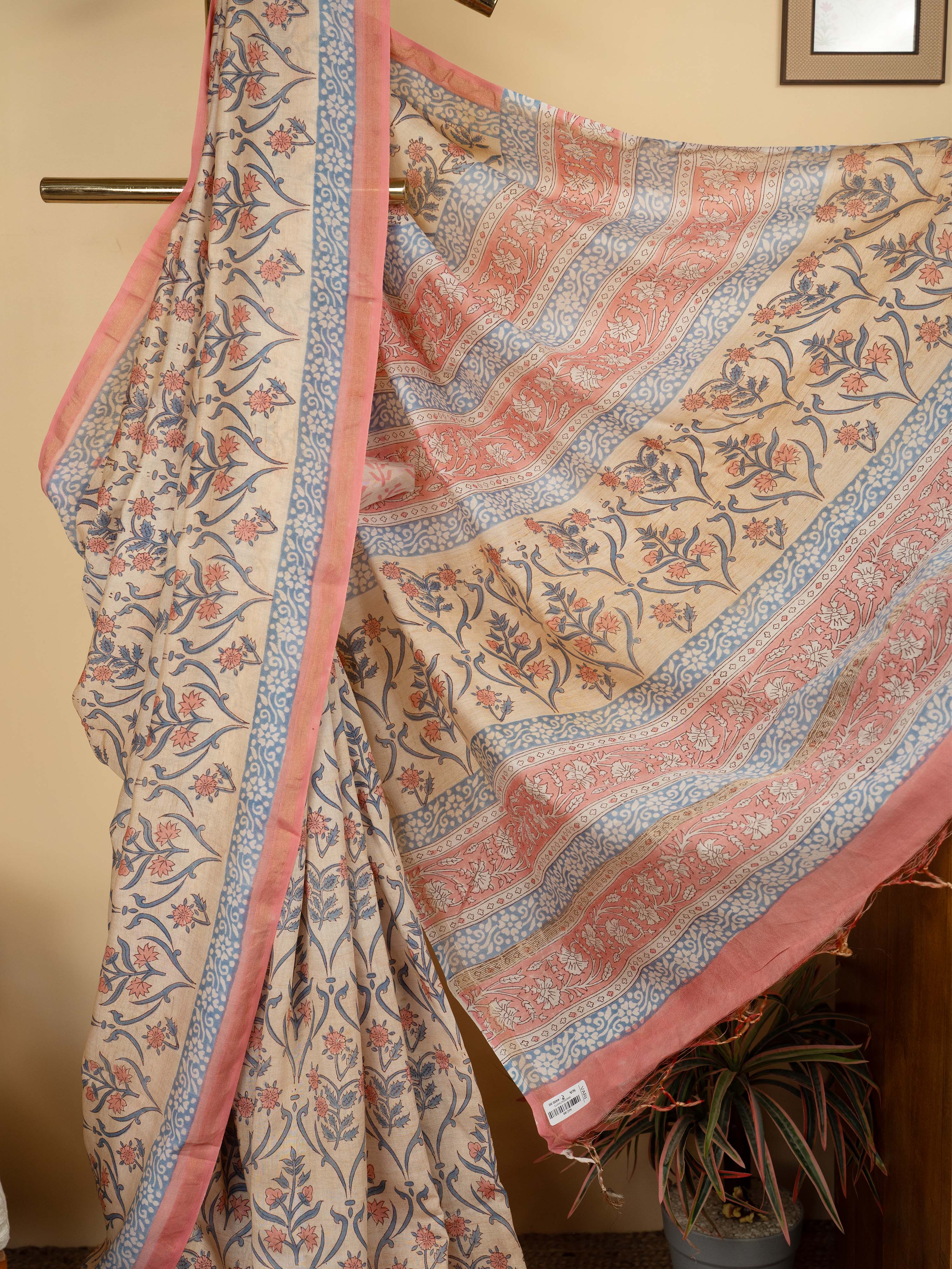 Beige Chanderi Block Printed Saree