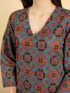Blue Colour Cotton V-Neck Floral Print Bead Work Kurta For Women's