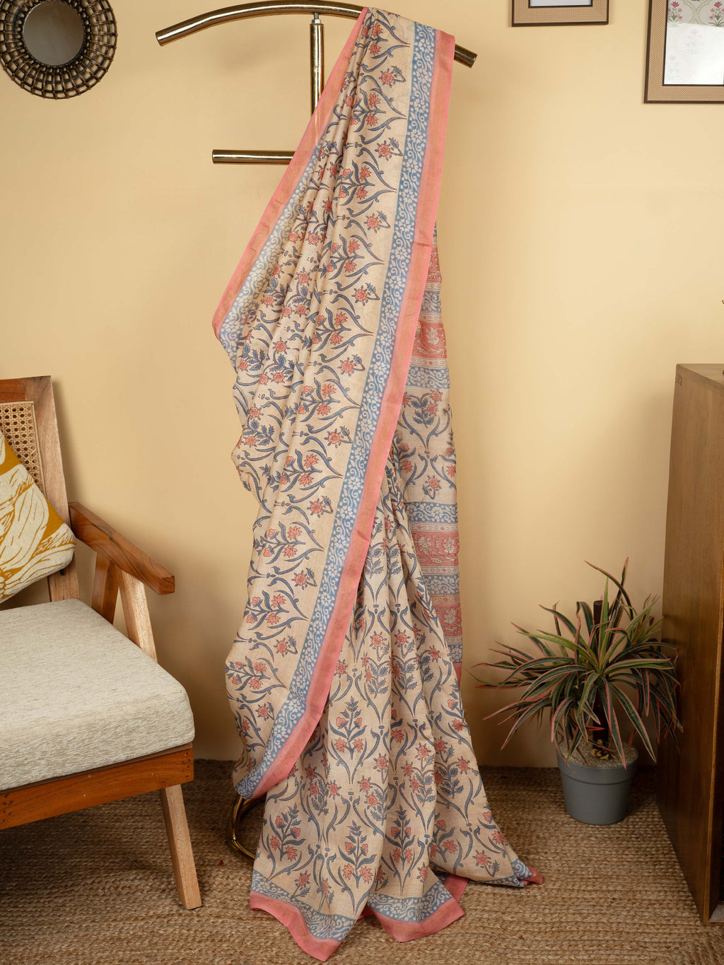 Beige Chanderi Block Printed Saree
