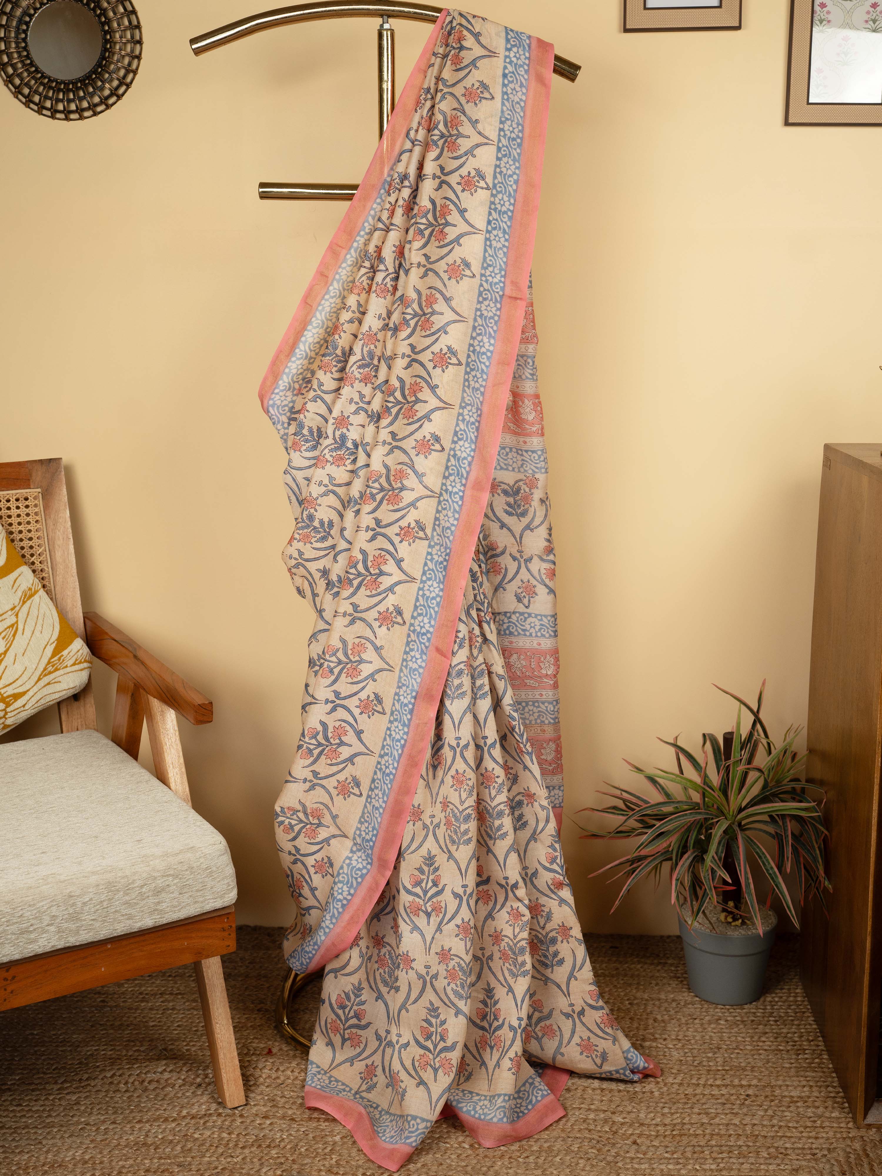 Beige Chanderi Block Printed Saree