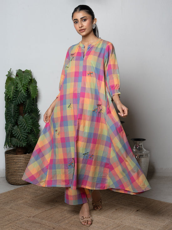 Multicolor Premium Cotton Round With Collar Embroidery Kurta Pant For Women's