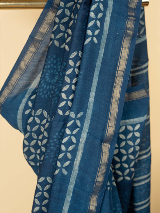 Indigo Chanderi Block Printed Saree