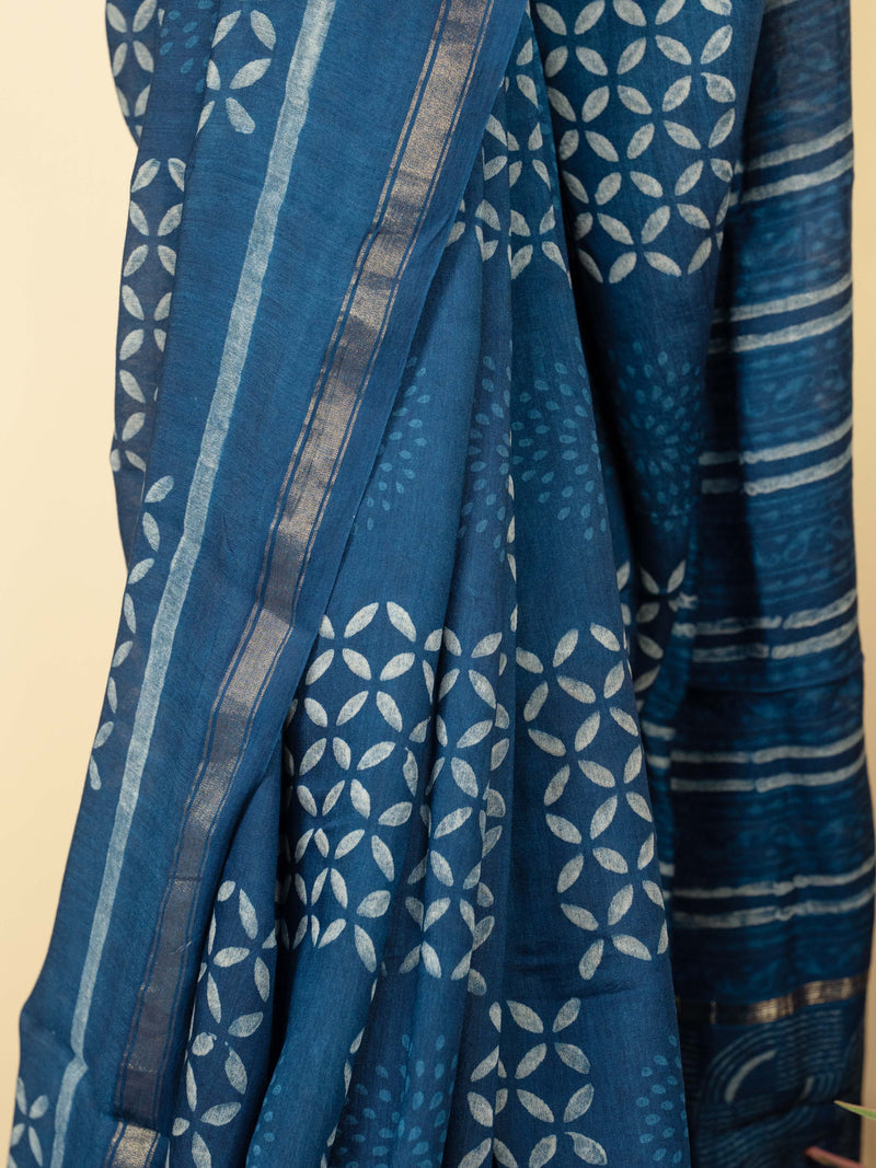Indigo Chanderi Block Printed Saree