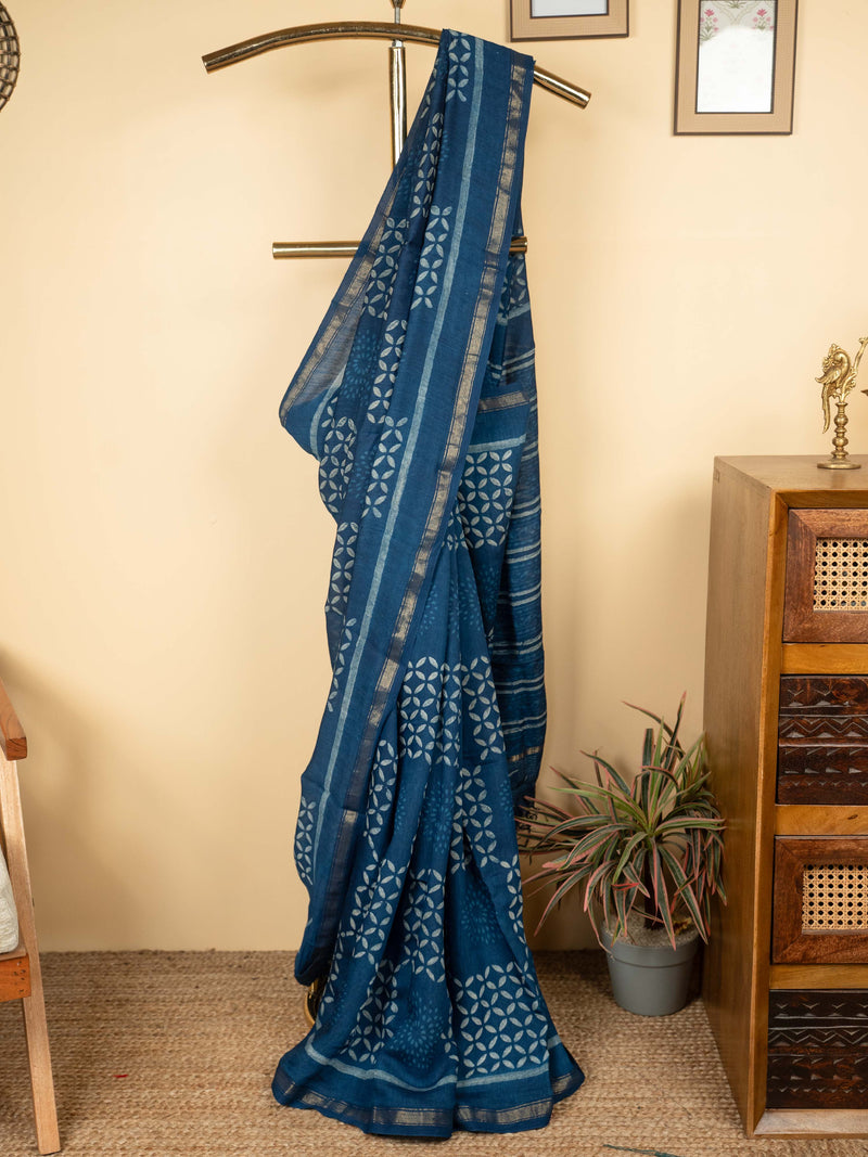 Indigo Chanderi Block Printed Saree