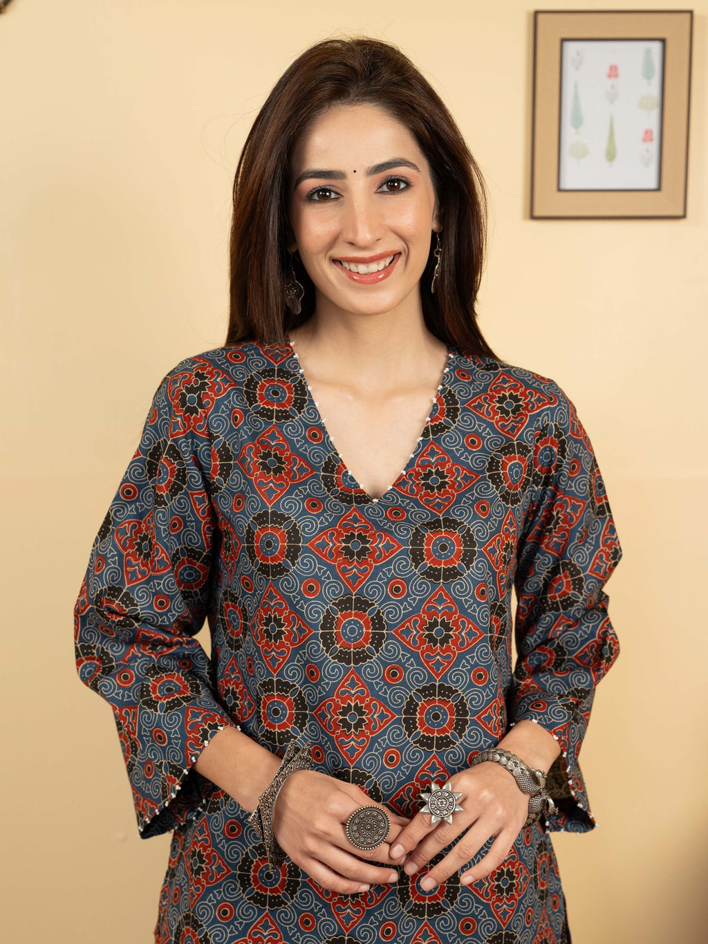 Blue Colour Cotton V-Neck Floral Print Bead Work Kurta For Women's
