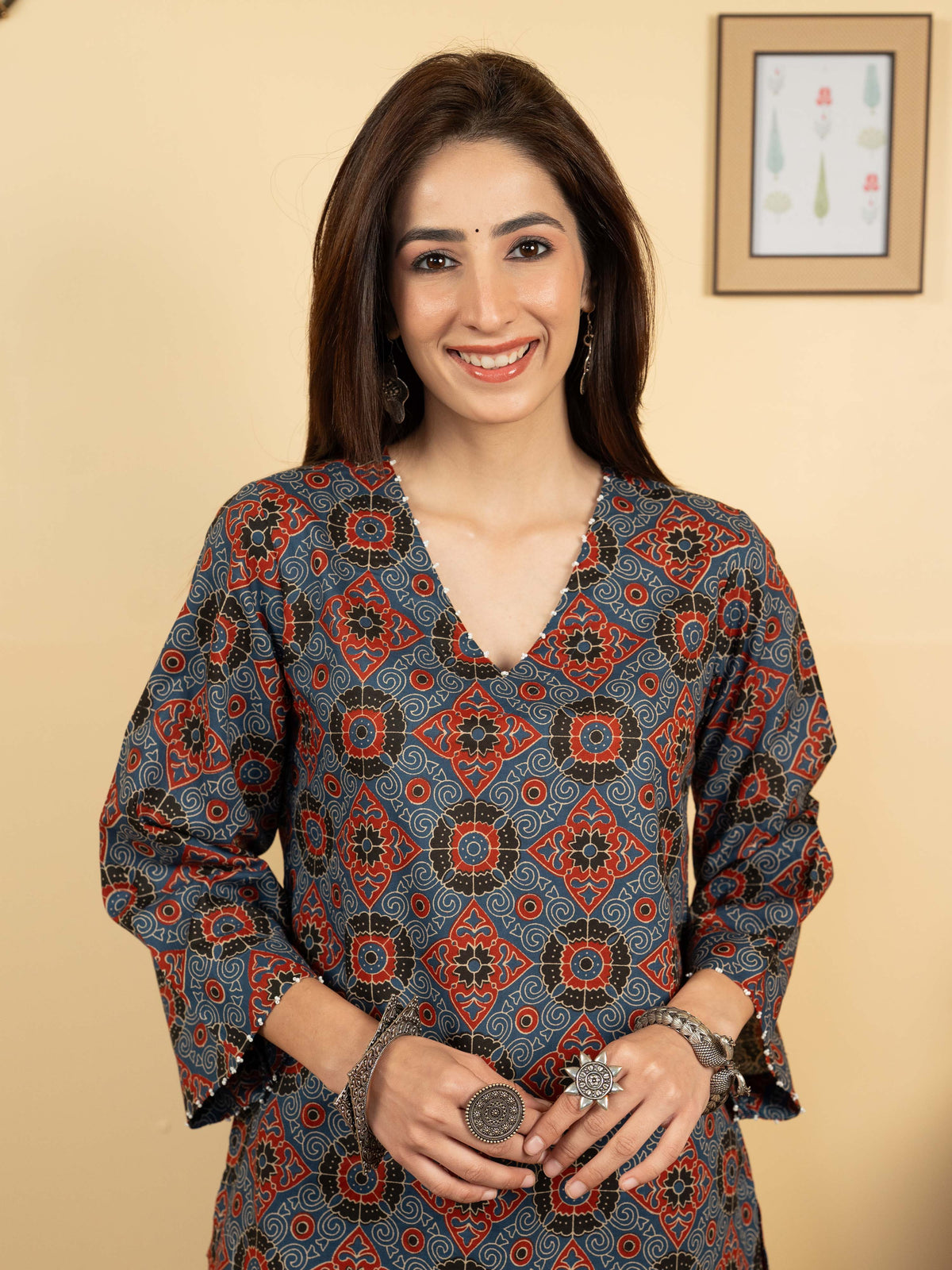 Blue Colour Cotton V-Neck Floral Print Bead Work Kurta For Women's