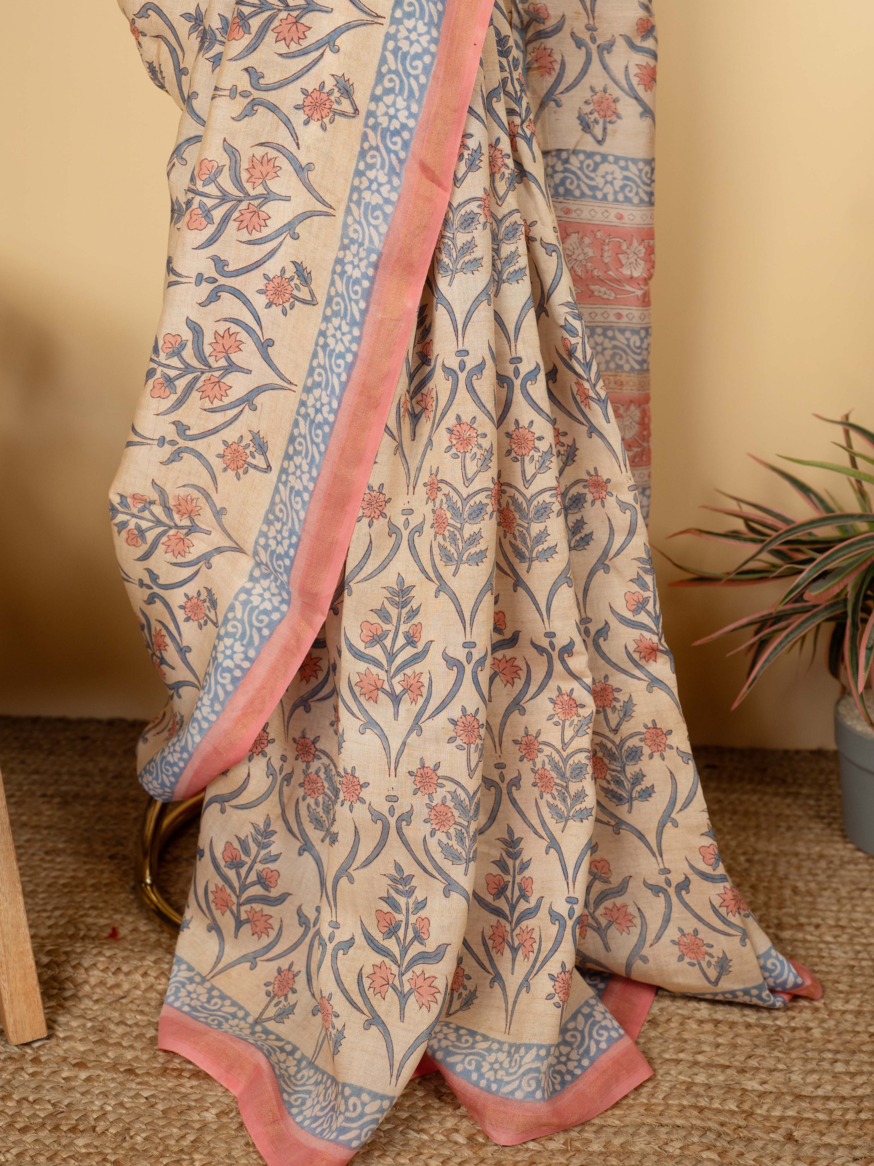 Beige Chanderi Block Printed Saree