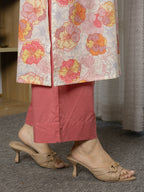 Light pink with orange Colour Cotton Round With V Neck Floral Print Kurta For Women's