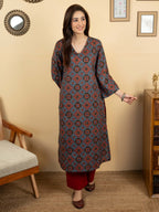 Blue Colour Cotton V-Neck Floral Print Bead Work Kurta For Women's