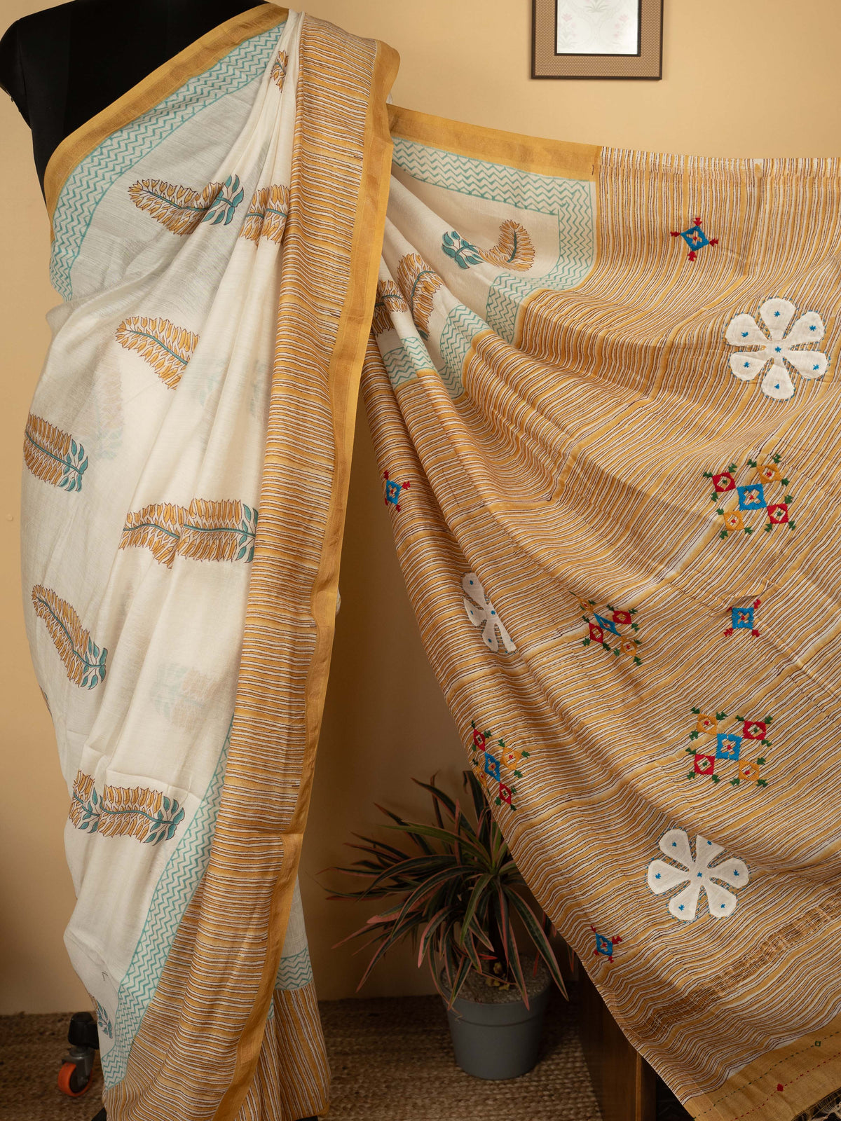 White And Yellow Chanderi Block Printed Saree