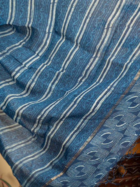 Indigo Chanderi Block Printed Saree