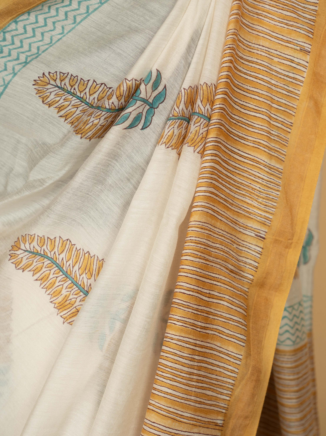 White And Yellow Chanderi Block Printed Saree