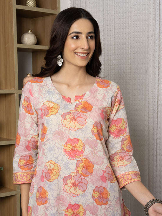 Beige Colour Cotton Round With V Neck Floral Print Kurta For Women's