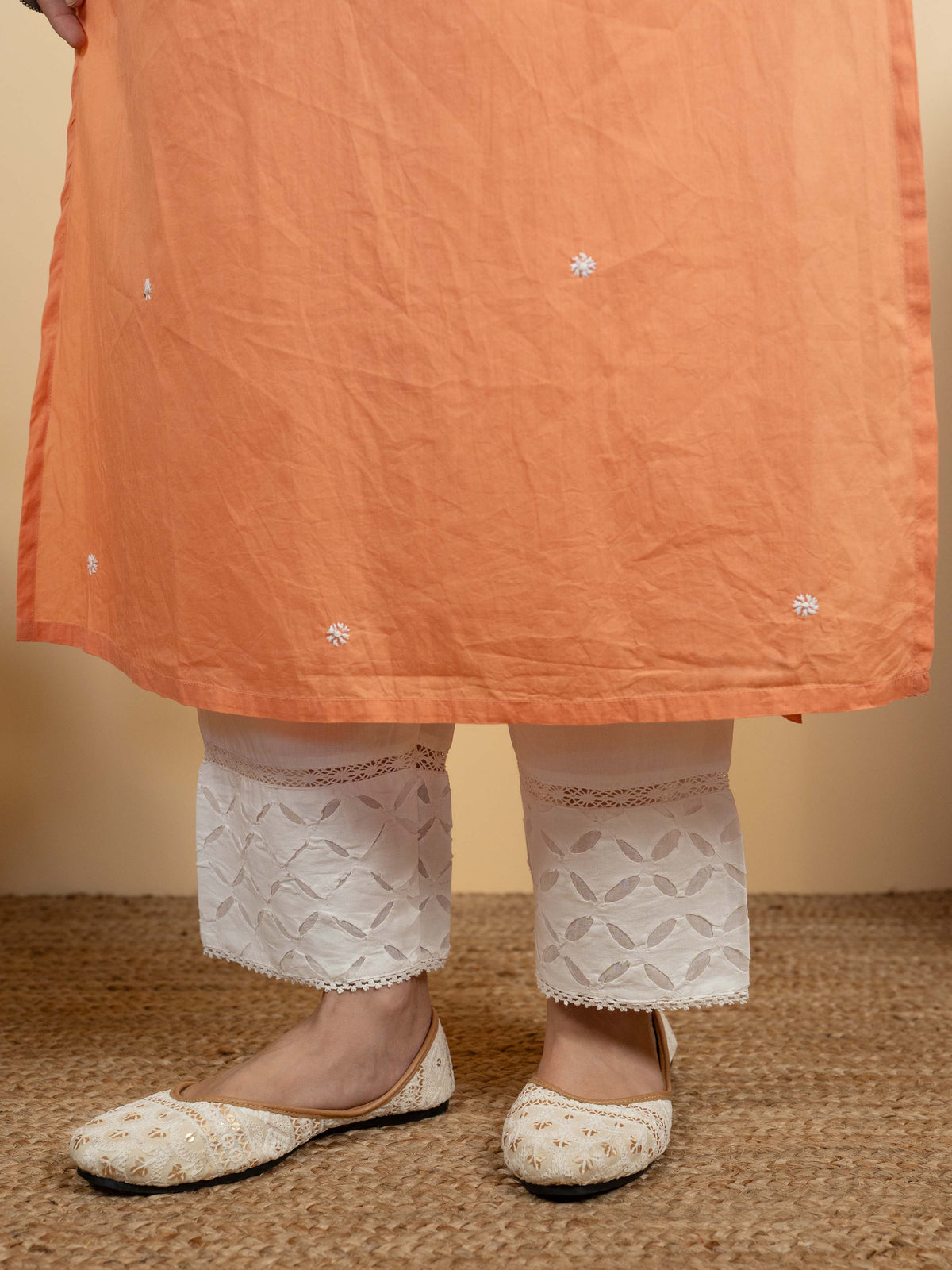 Peach Colour Premium Cotton Round Neck Hand Embroidered Chikankari Kurta