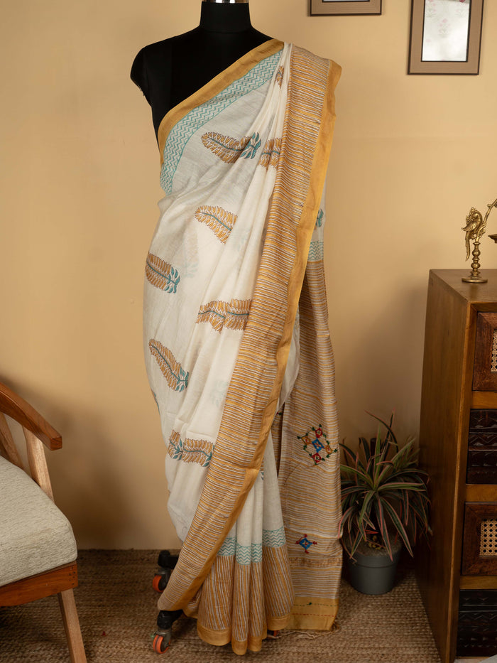 White And Yellow Chanderi Block Printed Saree