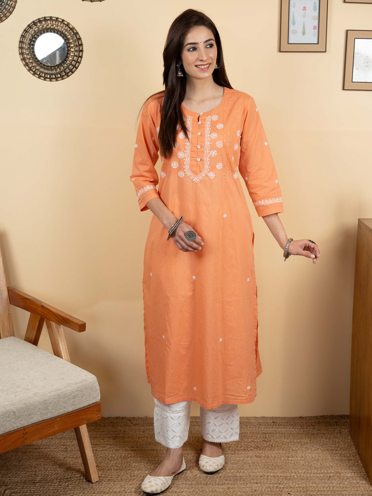 Peach Colour Premium Cotton Round Neck Hand Embroidered Chikankari Kurta