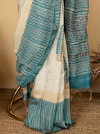 White And Blue Chanderi Block Printed